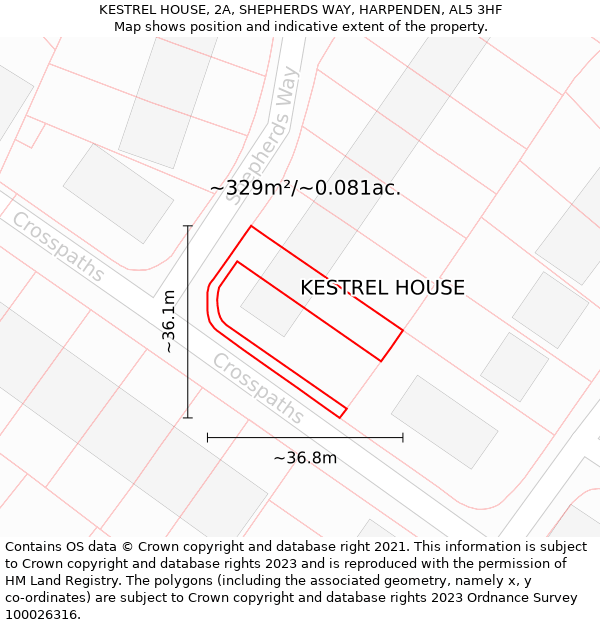 KESTREL HOUSE, 2A, SHEPHERDS WAY, HARPENDEN, AL5 3HF: Plot and title map