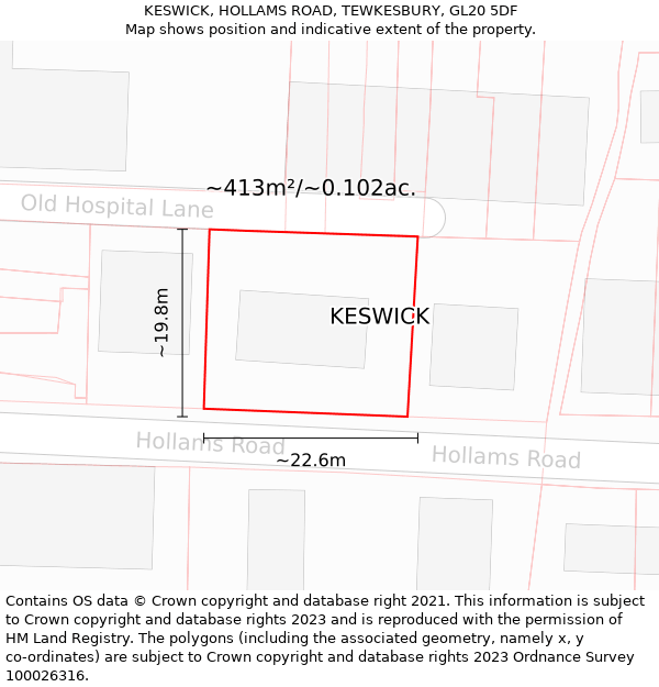 KESWICK, HOLLAMS ROAD, TEWKESBURY, GL20 5DF: Plot and title map