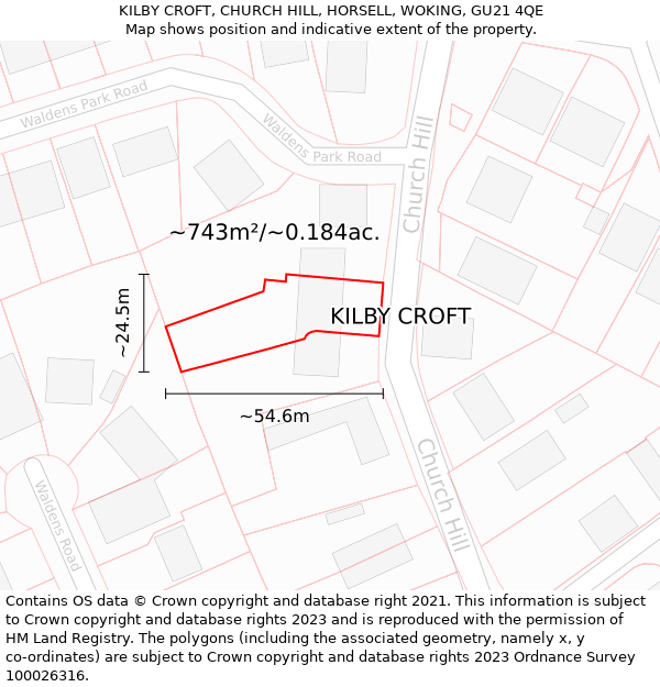 KILBY CROFT, CHURCH HILL, HORSELL, WOKING, GU21 4QE: Plot and title map