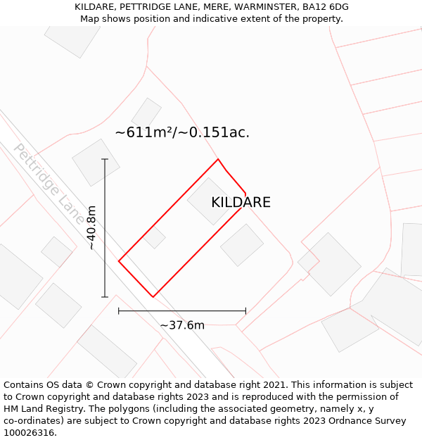 KILDARE, PETTRIDGE LANE, MERE, WARMINSTER, BA12 6DG: Plot and title map
