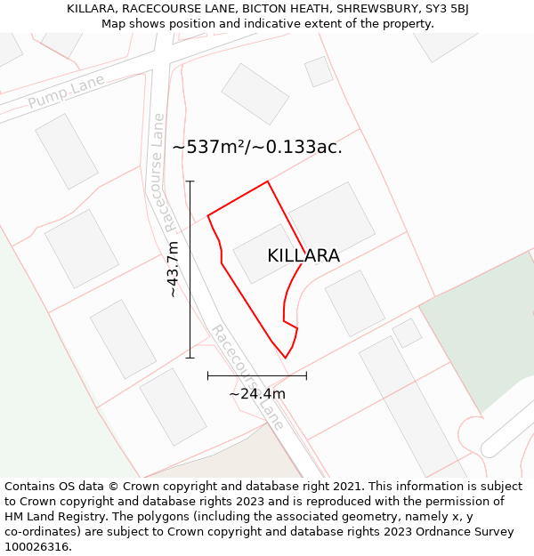 KILLARA, RACECOURSE LANE, BICTON HEATH, SHREWSBURY, SY3 5BJ: Plot and title map