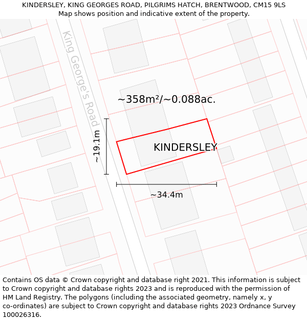 KINDERSLEY, KING GEORGES ROAD, PILGRIMS HATCH, BRENTWOOD, CM15 9LS: Plot and title map