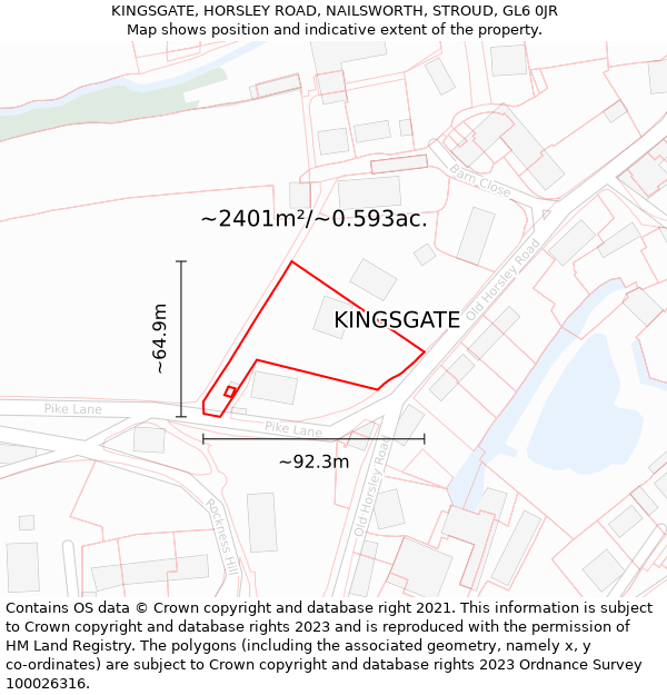 KINGSGATE, HORSLEY ROAD, NAILSWORTH, STROUD, GL6 0JR: Plot and title map