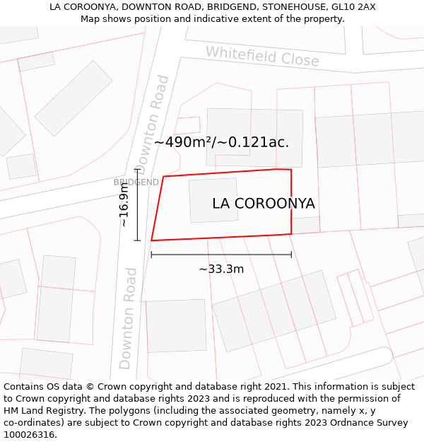 LA COROONYA, DOWNTON ROAD, BRIDGEND, STONEHOUSE, GL10 2AX: Plot and title map