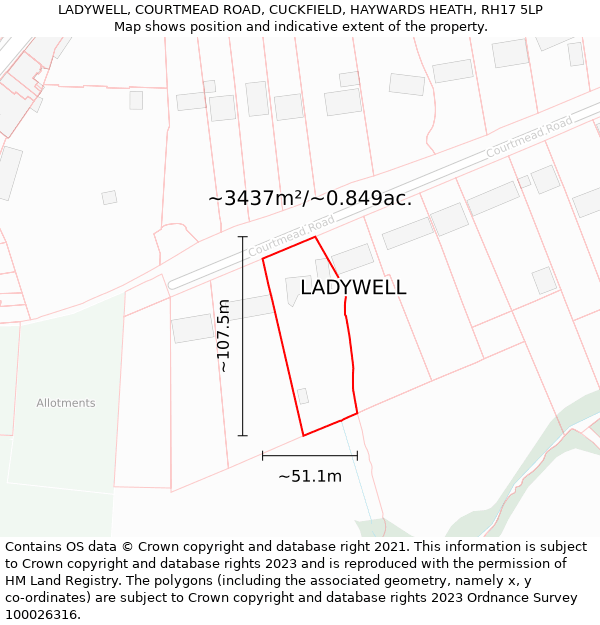 LADYWELL, COURTMEAD ROAD, CUCKFIELD, HAYWARDS HEATH, RH17 5LP: Plot and title map