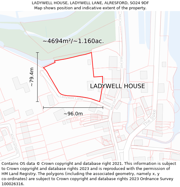 LADYWELL HOUSE, LADYWELL LANE, ALRESFORD, SO24 9DF: Plot and title map