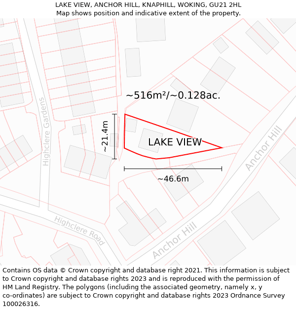 LAKE VIEW, ANCHOR HILL, KNAPHILL, WOKING, GU21 2HL: Plot and title map