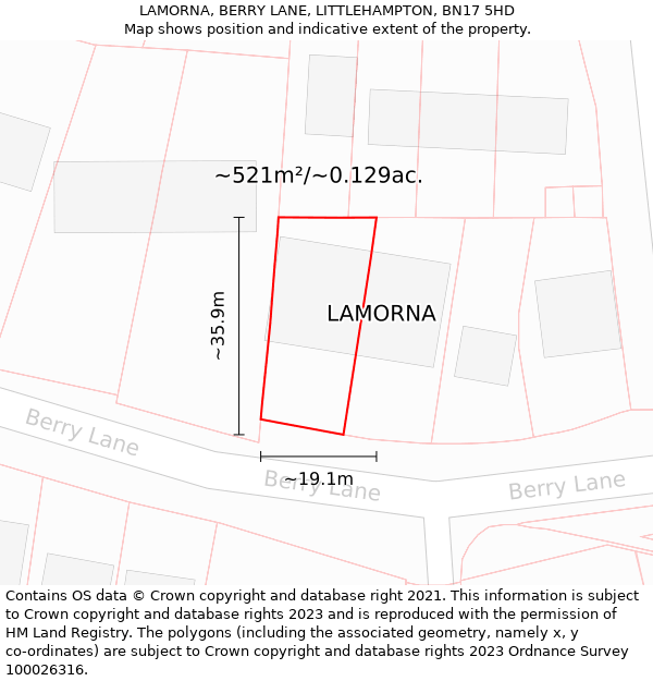 LAMORNA, BERRY LANE, LITTLEHAMPTON, BN17 5HD: Plot and title map