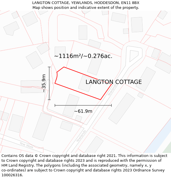 LANGTON COTTAGE, YEWLANDS, HODDESDON, EN11 8BX: Plot and title map