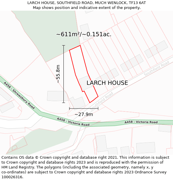 LARCH HOUSE, SOUTHFIELD ROAD, MUCH WENLOCK, TF13 6AT: Plot and title map