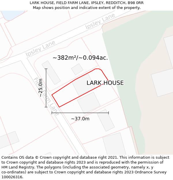 LARK HOUSE, FIELD FARM LANE, IPSLEY, REDDITCH, B98 0RR: Plot and title map