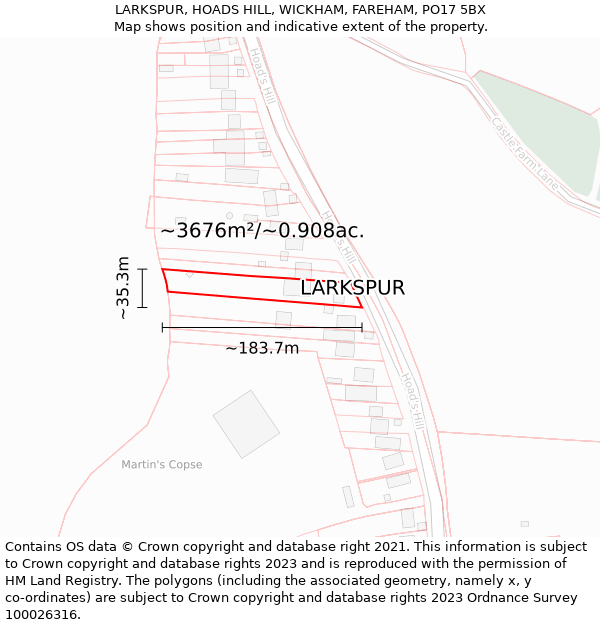 LARKSPUR, HOADS HILL, WICKHAM, FAREHAM, PO17 5BX: Plot and title map