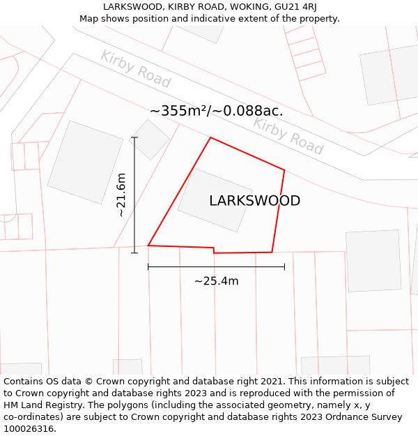 LARKSWOOD, KIRBY ROAD, WOKING, GU21 4RJ: Plot and title map