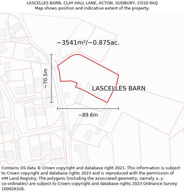 LASCELLES BARN, CLAY HALL LANE, ACTON, SUDBURY, CO10 0AQ: Plot and title map