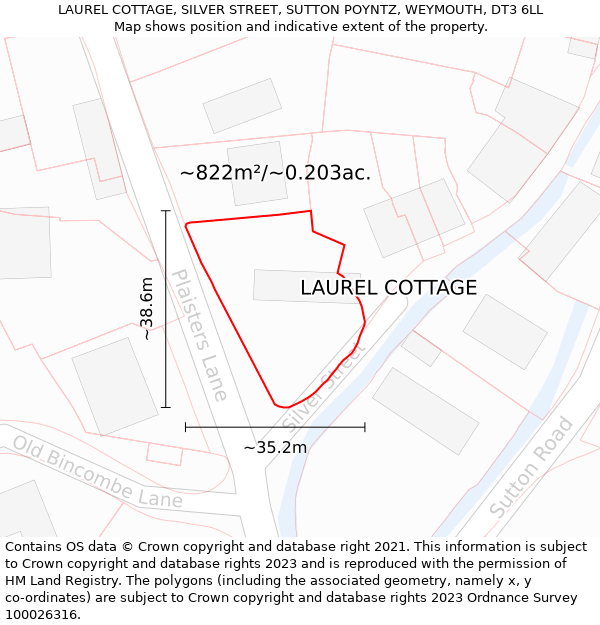 LAUREL COTTAGE, SILVER STREET, SUTTON POYNTZ, WEYMOUTH, DT3 6LL: Plot and title map