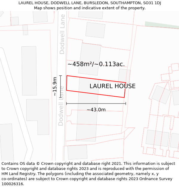 LAUREL HOUSE, DODWELL LANE, BURSLEDON, SOUTHAMPTON, SO31 1DJ: Plot and title map