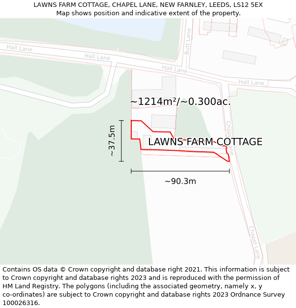 LAWNS FARM COTTAGE, CHAPEL LANE, NEW FARNLEY, LEEDS, LS12 5EX: Plot and title map