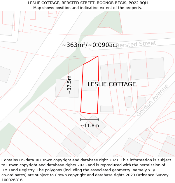 LESLIE COTTAGE, BERSTED STREET, BOGNOR REGIS, PO22 9QH: Plot and title map