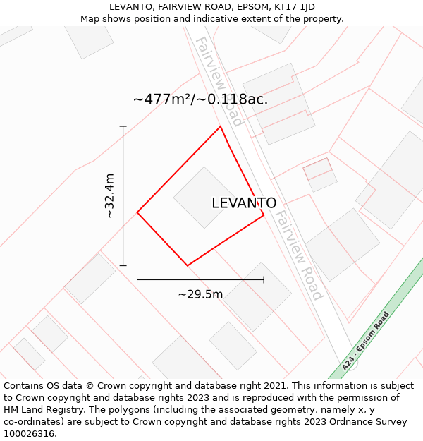 LEVANTO, FAIRVIEW ROAD, EPSOM, KT17 1JD: Plot and title map