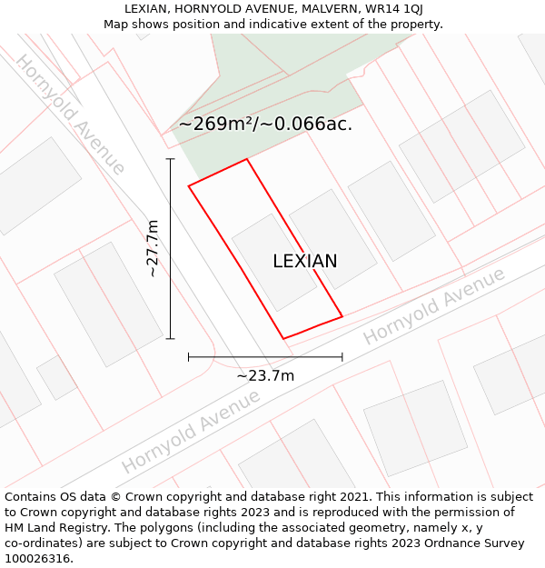 LEXIAN, HORNYOLD AVENUE, MALVERN, WR14 1QJ: Plot and title map