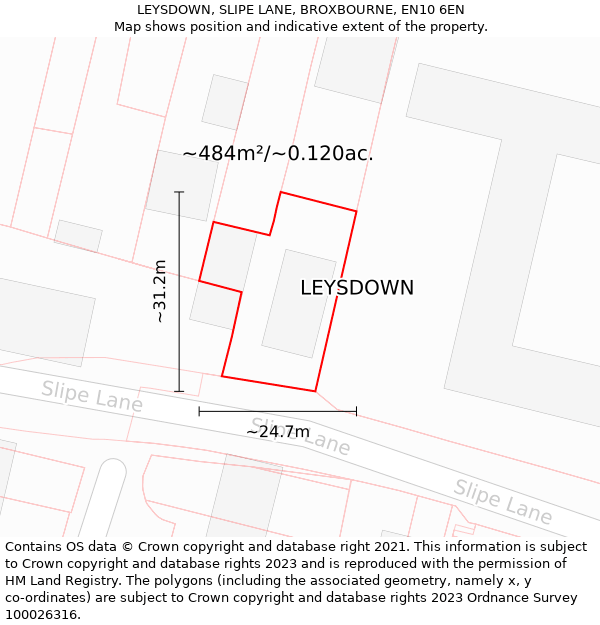 LEYSDOWN, SLIPE LANE, BROXBOURNE, EN10 6EN: Plot and title map