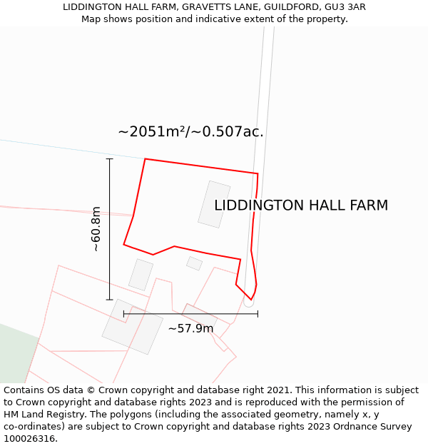 LIDDINGTON HALL FARM, GRAVETTS LANE, GUILDFORD, GU3 3AR: Plot and title map