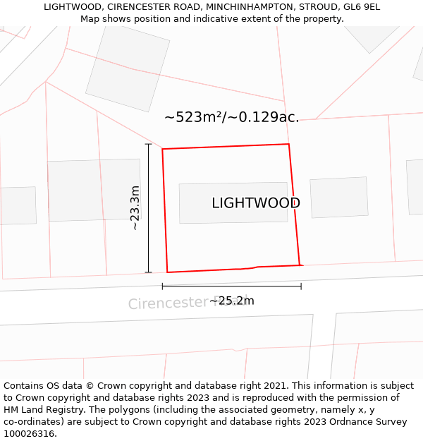 LIGHTWOOD, CIRENCESTER ROAD, MINCHINHAMPTON, STROUD, GL6 9EL: Plot and title map