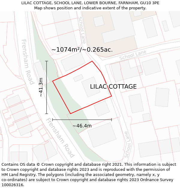 LILAC COTTAGE, SCHOOL LANE, LOWER BOURNE, FARNHAM, GU10 3PE: Plot and title map