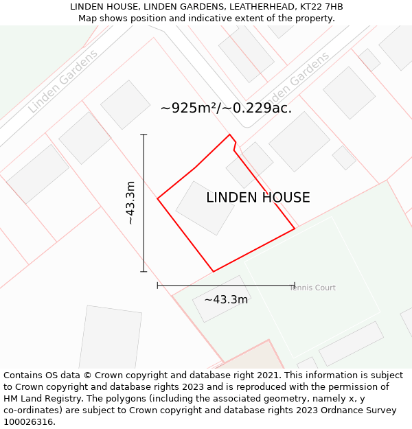 LINDEN HOUSE, LINDEN GARDENS, LEATHERHEAD, KT22 7HB: Plot and title map