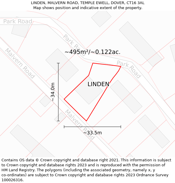 LINDEN, MALVERN ROAD, TEMPLE EWELL, DOVER, CT16 3AL: Plot and title map