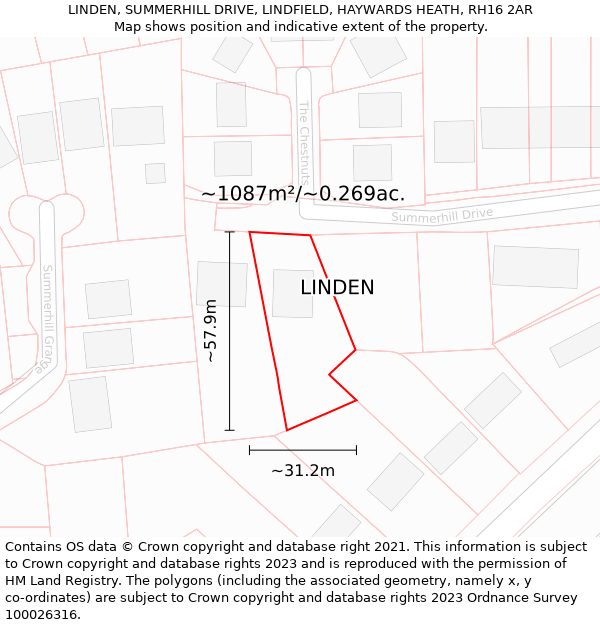 LINDEN, SUMMERHILL DRIVE, LINDFIELD, HAYWARDS HEATH, RH16 2AR: Plot and title map