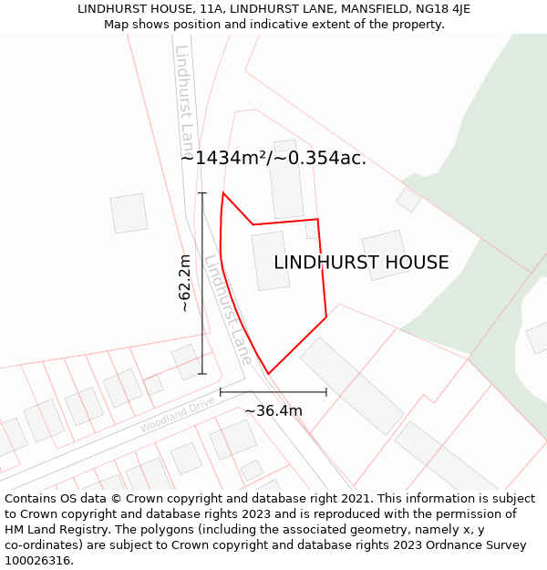 LINDHURST HOUSE, 11A, LINDHURST LANE, MANSFIELD, NG18 4JE: Plot and title map