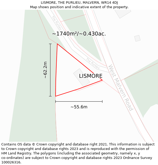 LISMORE, THE PURLIEU, MALVERN, WR14 4DJ: Plot and title map