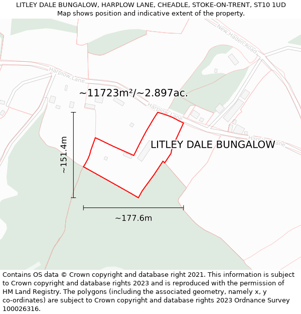 LITLEY DALE BUNGALOW, HARPLOW LANE, CHEADLE, STOKE-ON-TRENT, ST10 1UD: Plot and title map
