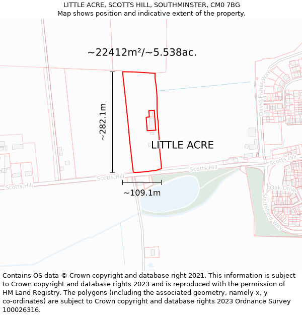 LITTLE ACRE, SCOTTS HILL, SOUTHMINSTER, CM0 7BG: Plot and title map