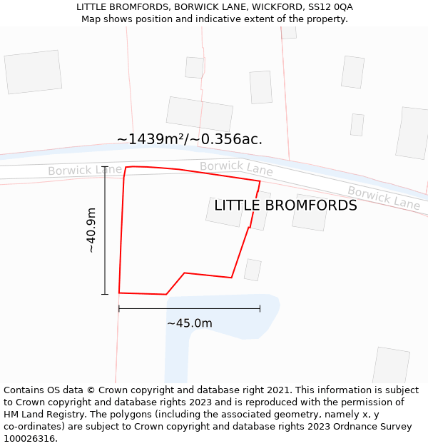 LITTLE BROMFORDS, BORWICK LANE, WICKFORD, SS12 0QA: Plot and title map