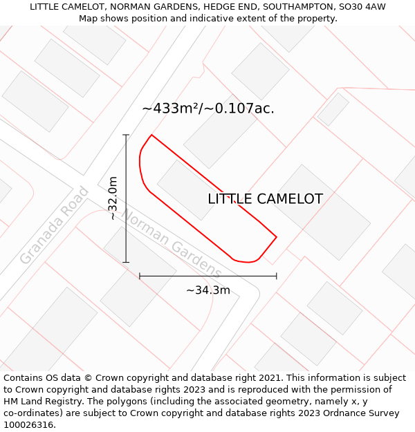 LITTLE CAMELOT, NORMAN GARDENS, HEDGE END, SOUTHAMPTON, SO30 4AW: Plot and title map