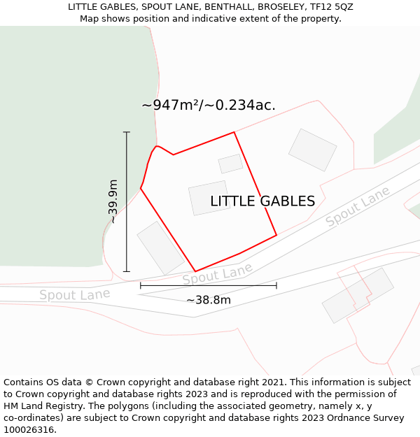 LITTLE GABLES, SPOUT LANE, BENTHALL, BROSELEY, TF12 5QZ: Plot and title map