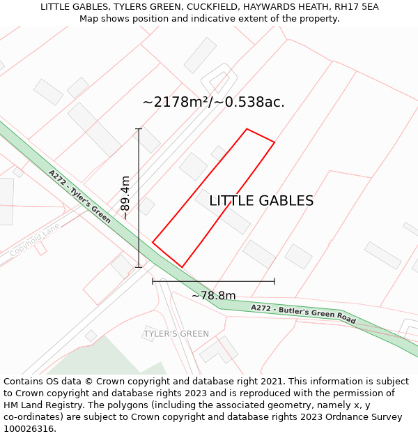 LITTLE GABLES, TYLERS GREEN, CUCKFIELD, HAYWARDS HEATH, RH17 5EA: Plot and title map