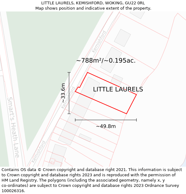 LITTLE LAURELS, KEMISHFORD, WOKING, GU22 0RL: Plot and title map