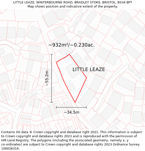 LITTLE LEAZE, WINTERBOURNE ROAD, BRADLEY STOKE, BRISTOL, BS34 8PT: Plot and title map