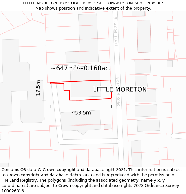 LITTLE MORETON, BOSCOBEL ROAD, ST LEONARDS-ON-SEA, TN38 0LX: Plot and title map