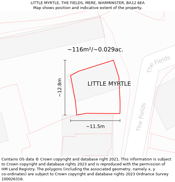 LITTLE MYRTLE, THE FIELDS, MERE, WARMINSTER, BA12 6EA: Plot and title map