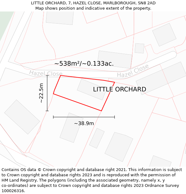 LITTLE ORCHARD, 7, HAZEL CLOSE, MARLBOROUGH, SN8 2AD: Plot and title map