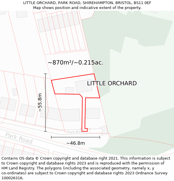 LITTLE ORCHARD, PARK ROAD, SHIREHAMPTON, BRISTOL, BS11 0EF: Plot and title map