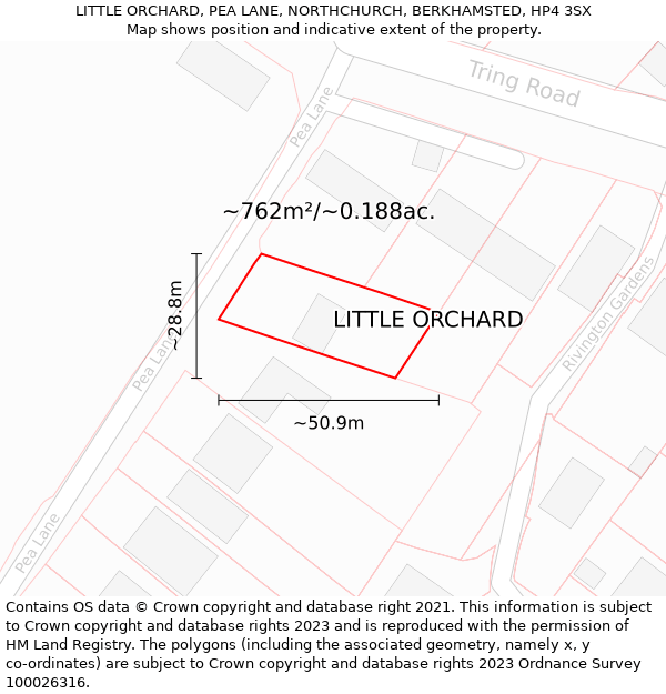 LITTLE ORCHARD, PEA LANE, NORTHCHURCH, BERKHAMSTED, HP4 3SX: Plot and title map