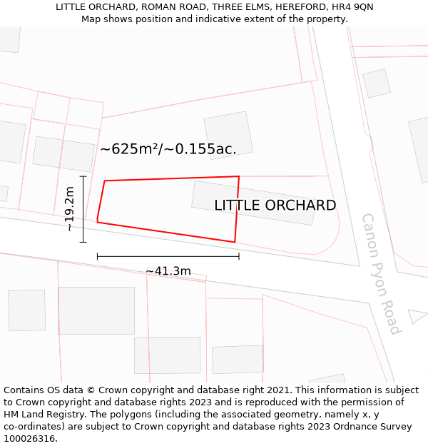 LITTLE ORCHARD, ROMAN ROAD, THREE ELMS, HEREFORD, HR4 9QN: Plot and title map