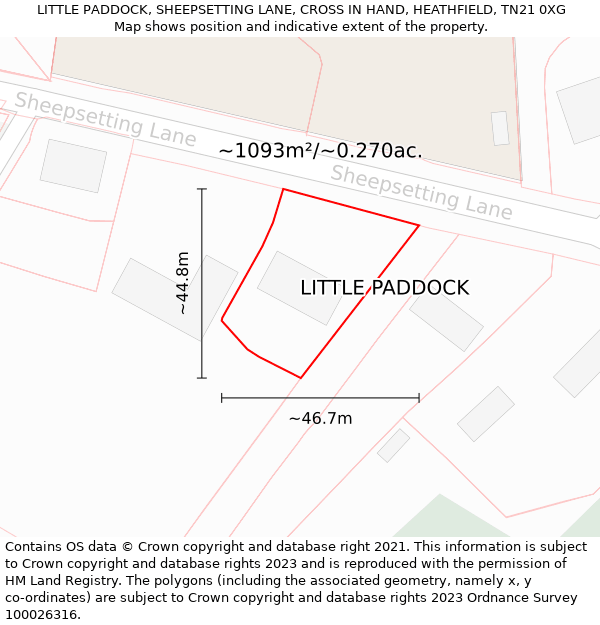 LITTLE PADDOCK, SHEEPSETTING LANE, CROSS IN HAND, HEATHFIELD, TN21 0XG: Plot and title map