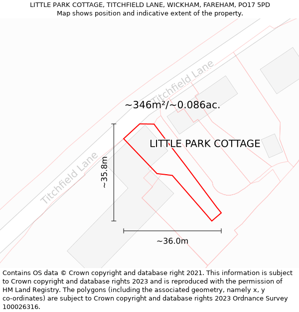 LITTLE PARK COTTAGE, TITCHFIELD LANE, WICKHAM, FAREHAM, PO17 5PD: Plot and title map