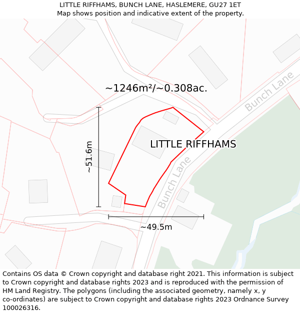 LITTLE RIFFHAMS, BUNCH LANE, HASLEMERE, GU27 1ET: Plot and title map